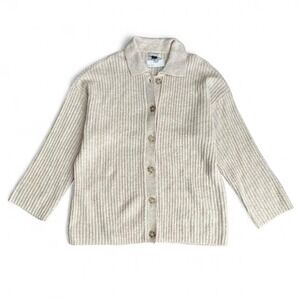 AE Ribbed Button Up Cardigan Beige Oatmeal Small Clean Girl Grandpa Core Cozy